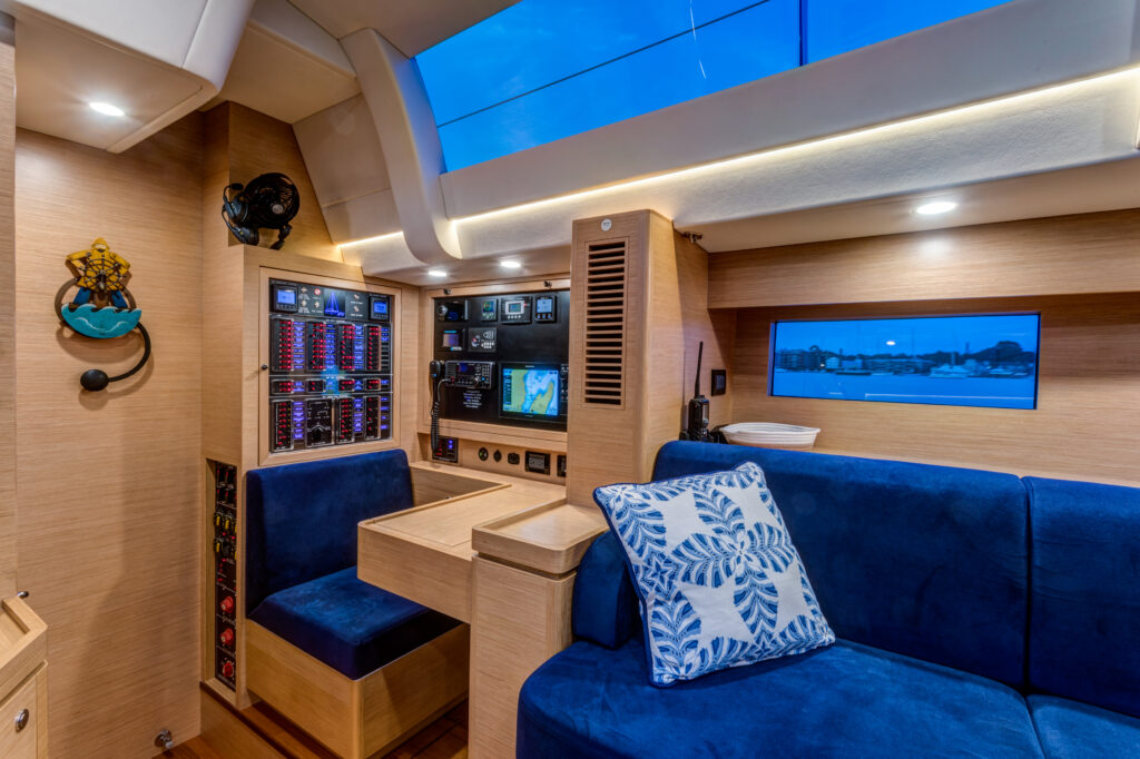 Hylas H57 chart table and nav station